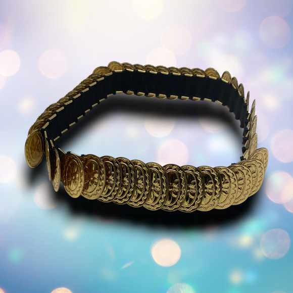 Vintage 1980's Disco Stretch Belt Textured Ovals Gold Tone Discs 23"-38" - Picture 1 of 4